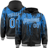 Custom Black Powder Blue-White Dripping Splatter 3D Pattern Design Bomber Full-Snap Varsity Letterman Hoodie Jacket