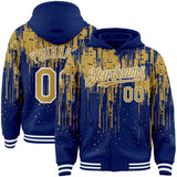 Custom Royal Old Gold-White Dripping Splatter 3D Pattern Design Bomber Full-Snap Varsity Letterman Hoodie Jacket