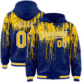 Custom Royal Yellow-White Dripping Splatter 3D Pattern Design Bomber Full-Snap Varsity Letterman Hoodie Jacket