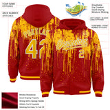Custom Red Gold-White Dripping Splatter 3D Pattern Design Bomber Full-Snap Varsity Letterman Hoodie Jacket