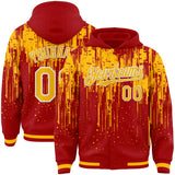 Custom Red Gold-White Dripping Splatter 3D Pattern Design Bomber Full-Snap Varsity Letterman Hoodie Jacket