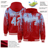 Custom Red Light Blue-White Dripping Splatter 3D Pattern Design Bomber Full-Snap Varsity Letterman Hoodie Jacket