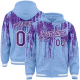 Custom Light Blue Purple-White Dripping Splatter 3D Pattern Design Bomber Full-Snap Varsity Letterman Hoodie Jacket