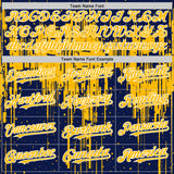 Custom Navy Gold-White Dripping Splatter 3D Pattern Design Bomber Full-Snap Varsity Letterman Hoodie Jacket