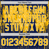 Custom Navy Gold-White Dripping Splatter 3D Pattern Design Bomber Full-Snap Varsity Letterman Hoodie Jacket