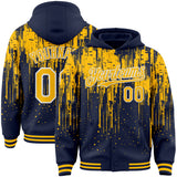 Custom Navy Gold-White Dripping Splatter 3D Pattern Design Bomber Full-Snap Varsity Letterman Hoodie Jacket