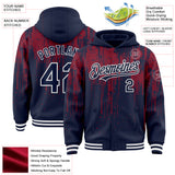 Custom Navy Crimson-White Dripping Splatter 3D Pattern Design Bomber Full-Snap Varsity Letterman Hoodie Jacket