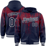 Custom Navy Crimson-White Dripping Splatter 3D Pattern Design Bomber Full-Snap Varsity Letterman Hoodie Jacket