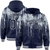 Custom Navy Silver-White Dripping Splatter 3D Pattern Design Bomber Full-Snap Varsity Letterman Hoodie Jacket