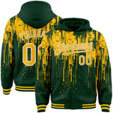 Custom Green Gold-White Dripping Splatter 3D Pattern Design Bomber Full-Snap Varsity Letterman Hoodie Jacket