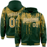 Custom Green Old Gold-White Dripping Splatter 3D Pattern Design Bomber Full-Snap Varsity Letterman Hoodie Jacket