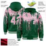Custom Kelly Green Light Pink-White Dripping Splatter 3D Pattern Design Bomber Full-Snap Varsity Letterman Hoodie Jacket