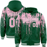 Custom Kelly Green Light Pink-White Dripping Splatter 3D Pattern Design Bomber Full-Snap Varsity Letterman Hoodie Jacket