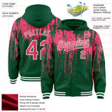 Custom Kelly Green Neon Pink-White Dripping Splatter 3D Pattern Design Bomber Full-Snap Varsity Letterman Hoodie Jacket