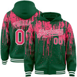 Custom Kelly Green Neon Pink-White Dripping Splatter 3D Pattern Design Bomber Full-Snap Varsity Letterman Hoodie Jacket
