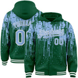 Custom Kelly Green Light Blue-White Dripping Splatter 3D Pattern Design Bomber Full-Snap Varsity Letterman Hoodie Jacket