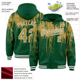 Custom Kelly Green Old Gold-White Dripping Splatter 3D Pattern Design Bomber Full-Snap Varsity Letterman Hoodie Jacket
