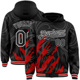 Custom Black Red-White Splash 3D Pattern Design Bomber Full-Snap Varsity Letterman Hoodie Jacket