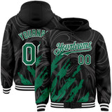 Custom Black Kelly Green-White Splash 3D Pattern Design Bomber Full-Snap Varsity Letterman Hoodie Jacket