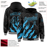 Custom Black Sky Blue-White Splash 3D Pattern Design Bomber Full-Snap Varsity Letterman Hoodie Jacket