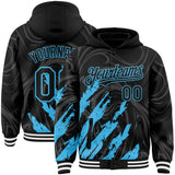 Custom Black Sky Blue-White Splash 3D Pattern Design Bomber Full-Snap Varsity Letterman Hoodie Jacket