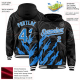 Custom Black Powder Blue-White Splash 3D Pattern Design Bomber Full-Snap Varsity Letterman Hoodie Jacket