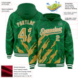Custom Kelly Green Old Gold-White Splash 3D Pattern Design Bomber Full-Snap Varsity Letterman Hoodie Jacket