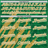 Custom Kelly Green Old Gold-White Splash 3D Pattern Design Bomber Full-Snap Varsity Letterman Hoodie Jacket