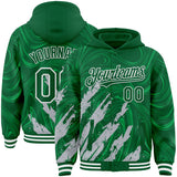Custom Kelly Green Gray-White Splash 3D Pattern Design Bomber Full-Snap Varsity Letterman Hoodie Jacket