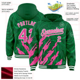Custom Kelly Green Pink-White Splash 3D Pattern Design Bomber Full-Snap Varsity Letterman Hoodie Jacket