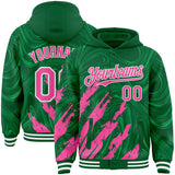 Custom Kelly Green Pink-White Splash 3D Pattern Design Bomber Full-Snap Varsity Letterman Hoodie Jacket