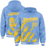Custom Light Blue Yellow-White Splash 3D Pattern Design Bomber Full-Snap Varsity Letterman Hoodie Jacket