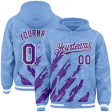 Custom Light Blue Purple-White Splash 3D Pattern Design Bomber Full-Snap Varsity Letterman Hoodie Jacket