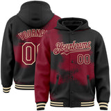 Custom Black Crimson-Cream Abstract Color Blocks Fragment 3D Pattern Design Bomber Full-Snap Varsity Letterman Hoodie Jacket