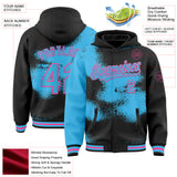 Custom Black Sky Blue-Pink Abstract Color Blocks Fragment 3D Pattern Design Bomber Full-Snap Varsity Letterman Hoodie Jacket