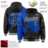 Custom Black Thunder Blue-White Abstract Color Blocks Fragment 3D Pattern Design Bomber Full-Snap Varsity Letterman Hoodie Jacket