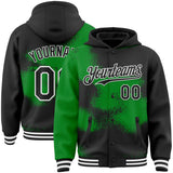 Custom Black Grass Green-White Abstract Color Blocks Fragment 3D Pattern Design Bomber Full-Snap Varsity Letterman Hoodie Jacket