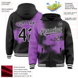 Custom Black Medium Purple-White Abstract Color Blocks Fragment 3D Pattern Design Bomber Full-Snap Varsity Letterman Hoodie Jacket