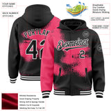 Custom Black Neon Pink-White Abstract Color Blocks Fragment 3D Pattern Design Bomber Full-Snap Varsity Letterman Hoodie Jacket