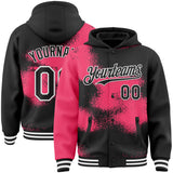 Custom Black Neon Pink-White Abstract Color Blocks Fragment 3D Pattern Design Bomber Full-Snap Varsity Letterman Hoodie Jacket