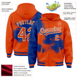 Custom Orange Royal-White Abstract Color Blocks Fragment 3D Pattern Design Bomber Full-Snap Varsity Letterman Hoodie Jacket