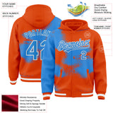 Custom Orange Powder Blue-White Abstract Color Blocks Fragment 3D Pattern Design Bomber Full-Snap Varsity Letterman Hoodie Jacket
