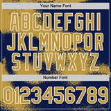 Custom Navy Old Gold-White Abstract Color Blocks Fragment 3D Pattern Design Bomber Full-Snap Varsity Letterman Hoodie Jacket