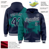 Custom Navy Teal-White Abstract Color Blocks Fragment 3D Pattern Design Bomber Full-Snap Varsity Letterman Hoodie Jacket