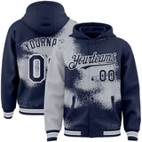 Custom Navy Gray-White Abstract Color Blocks Fragment 3D Pattern Design Bomber Full-Snap Varsity Letterman Hoodie Jacket