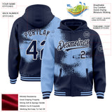 Custom Navy Light Blue-White Abstract Color Blocks Fragment 3D Pattern Design Bomber Full-Snap Varsity Letterman Hoodie Jacket