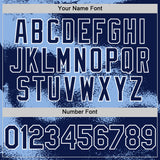 Custom Navy Light Blue-White Abstract Color Blocks Fragment 3D Pattern Design Bomber Full-Snap Varsity Letterman Hoodie Jacket