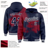 Custom Navy Crimson-White Abstract Color Blocks Fragment 3D Pattern Design Bomber Full-Snap Varsity Letterman Hoodie Jacket
