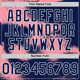 Custom Navy Medium Pink-White Abstract Color Blocks Fragment 3D Pattern Design Bomber Full-Snap Varsity Letterman Hoodie Jacket