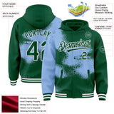 Custom Kelly Green Light Blue-White Abstract Color Blocks Fragment 3D Pattern Design Bomber Full-Snap Varsity Letterman Hoodie Jacket